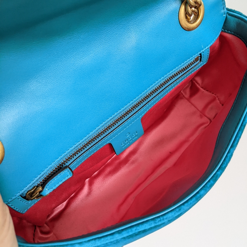 Gucci Velvet Matelasse Embroidered Small GG Marmont Shoulder Bag Pavone Cyan - Picture 15 of 15